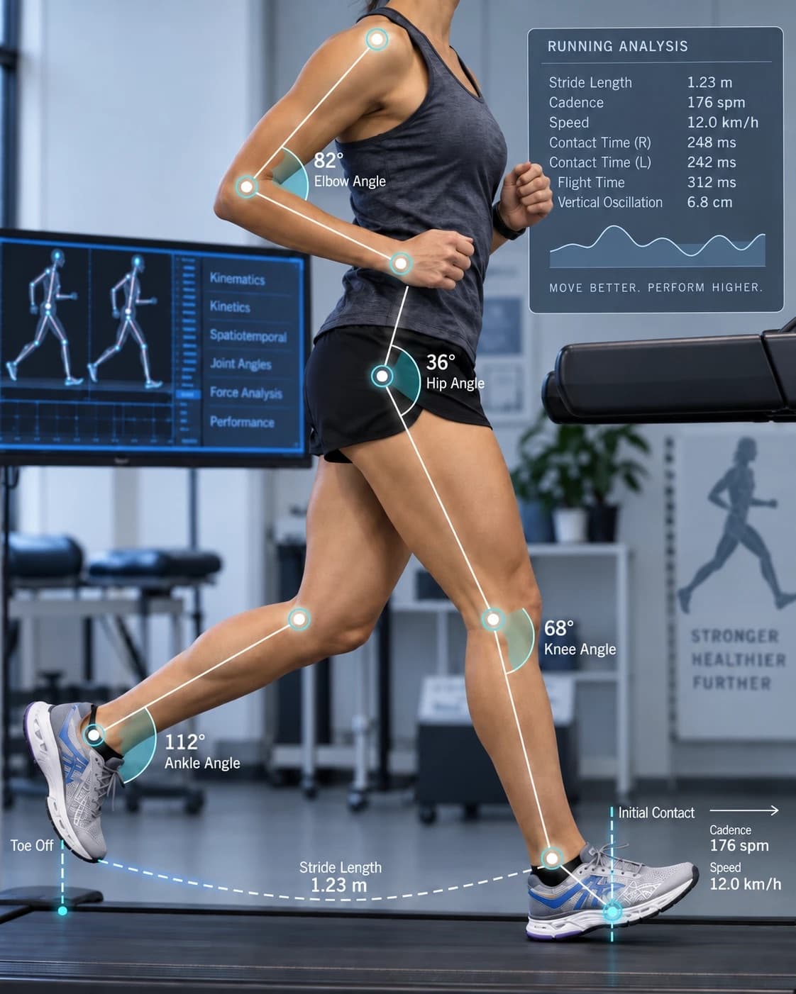 Runner on a treadmill with elbow, hip, knee and ankle angles and stride length marked, beside a panel of running metrics
