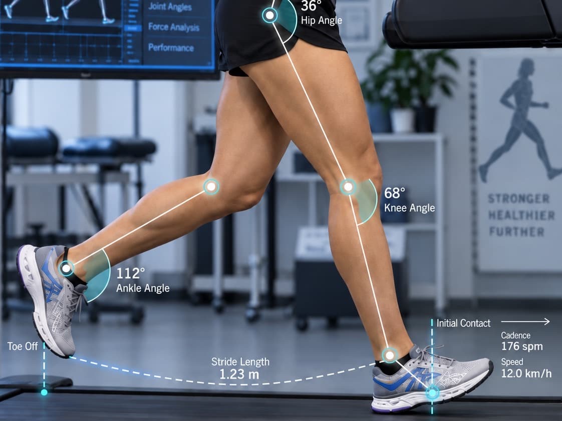 Runner on a treadmill with hip, knee and ankle angles and stride length marked