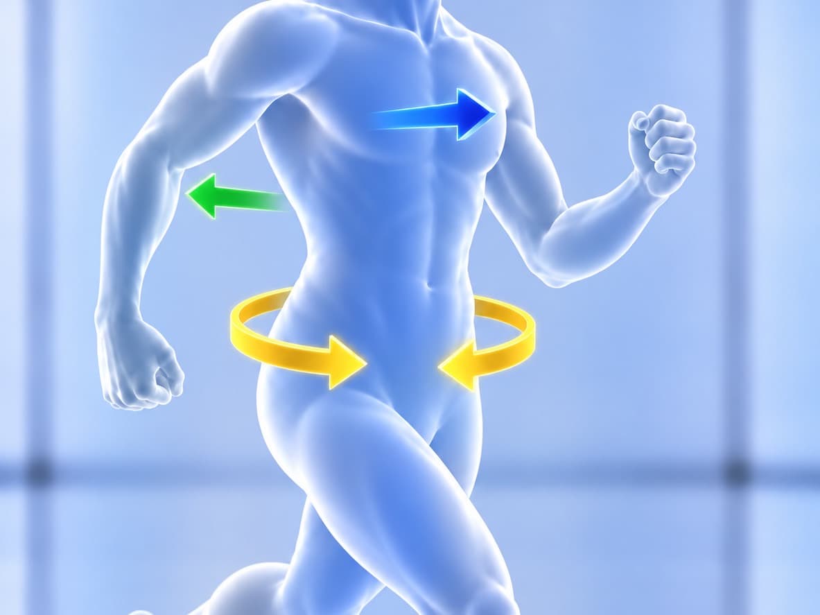 Illustration of a runner's torso and pelvis rotating through the stride